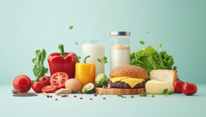Close-up shot of cheeseburger nestled between fresh dairy products and bun serving balanced meal isolated on light blue background