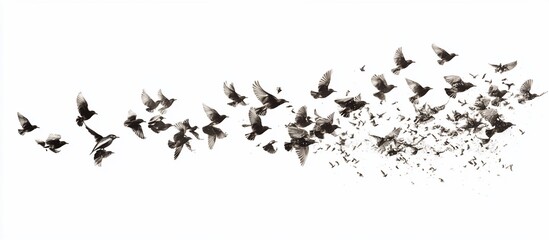 Obraz premium Birds flocking, dispersing, white background, design element