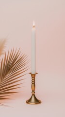 Elegant brass candlestick with lit taper candle and dried palm leaf on soft pink background, symbolizing the beginning of Lent.