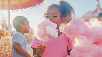 A family enjoying cotton candy and popcorn at a food festival