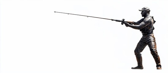 Fisherman statue casting rod, outdoors, bright background, coastal art
