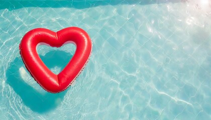 Red inflatable heart-shaped empty buoy swims in the swimming pool. top view. copy space.