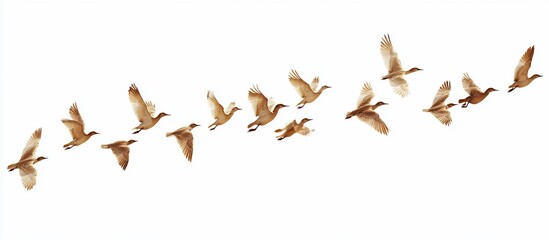 Brown birds flying in V-formation, white background, nature photography, website banner