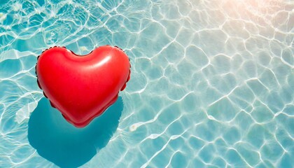 Red inflatable heart-shaped empty buoy swims in the swimming pool. top view. copy space.