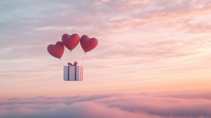 Fototapeta premium A Box flying on a parachute with pink cloud in valentine day,package flying down from sky and cloud with parachute, concept for delivery service,shopping online,air delivery service.