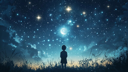 Child Silhouetted Against Night Sky Stars Moon Grass