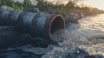 Rusty Pipe Discharging Water into Calm Stream at Sunset Glow