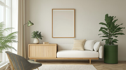 Stylish and Minimalistic Living Room with Comfortable Couch, Green Plants, and a Blank Picture Frame
