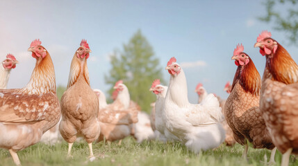 Fototapeta premium A flock of chickens roams freely in a sunny pasture, highlighting farm life and the charm of rural living