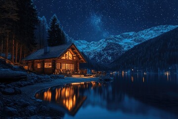 Fototapeta premium Lake Cabin at Night