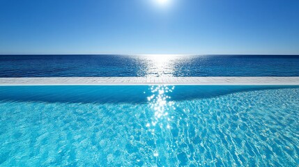 Fototapeta premium Oceanfront infinity pool, sunny day, clear water, azure sky, luxury resort