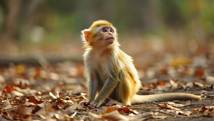 Obraz premium A young monkey sits among dried leaves, gazing at something above
