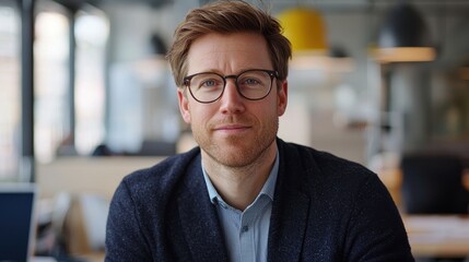 Obraz premium A man wearing glasses and a black jacket sits at a table. Generative AI