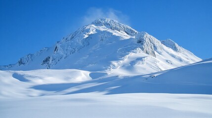Obraz premium Snow-covered peak, winter landscape, clear sky, mountain range, scenic view, travel poster