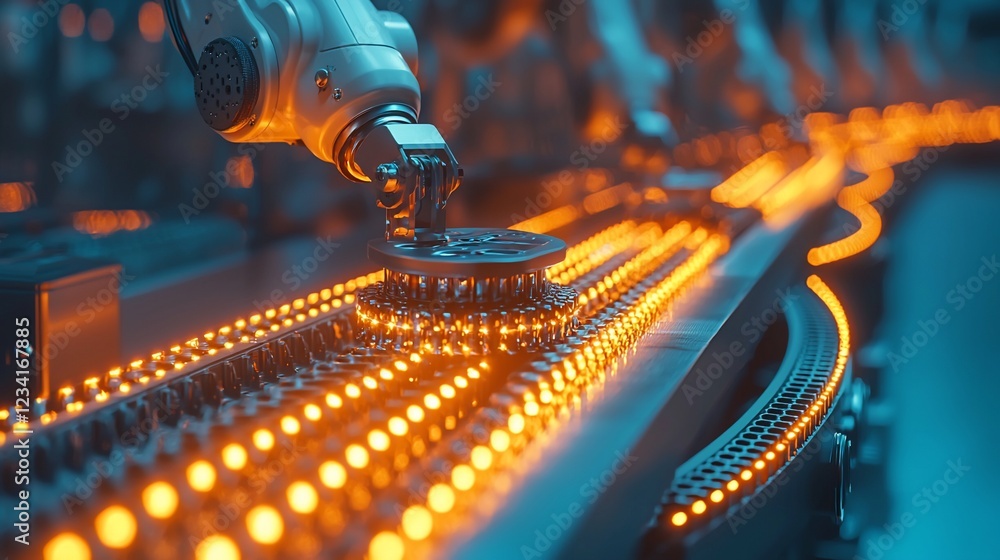 Poster robotic arm assembling components on illuminated conveyor belt