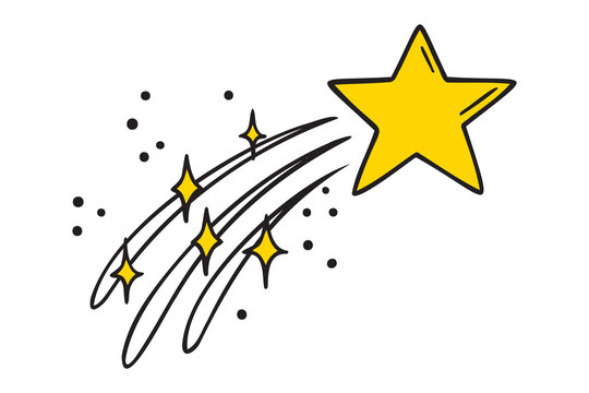Flying yellow star doodle hand drawn icon set. Outline drawing flying shining gold star line clipart symbol