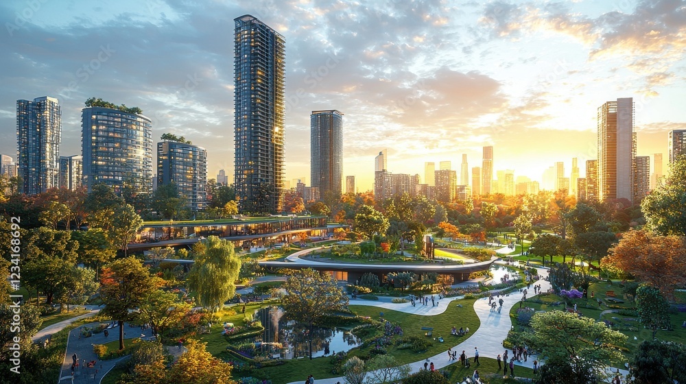 Poster a cityscape with a park in the middle and a large building in the background. generative ai