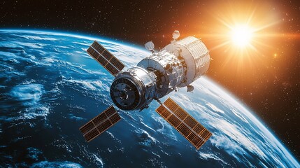 Naklejka premium Spacecraft orbiting Earth with sun shining brightly