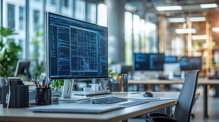 A computer monitor displays a blue screen with a lot of lines and numbers. Generative AI