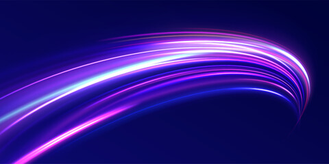 Panoramic high speed technology concept, light abstract background. Abstract neon background with shining wires.	