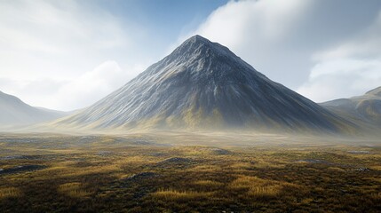 Fototapeta premium Majestic peak, autumnal grasslands, misty valley, scenic background, travel poster