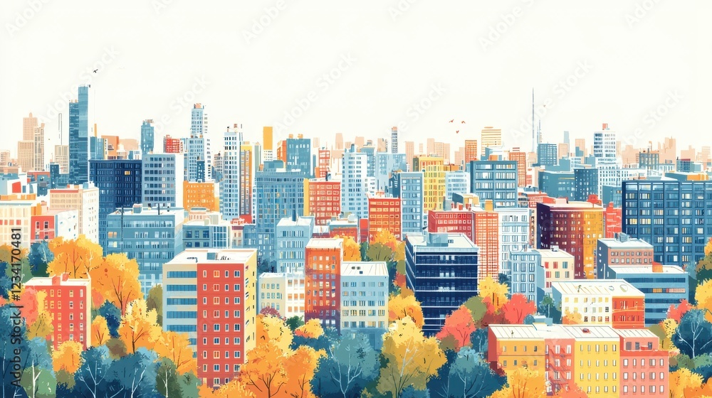 Poster a cityscape with many buildings and trees in the foreground. generative ai