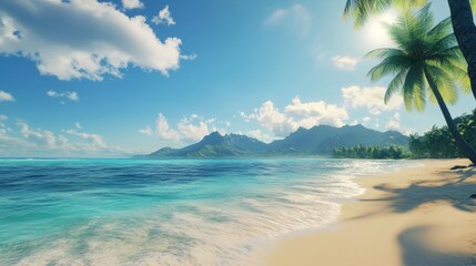 Coastline with palm trees and mountain