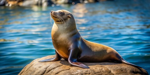 Fototapeta premium Sea Lion Relaxing on Rock by Ocean Water in Bright Sunlight