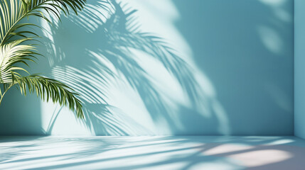 Minimalist Tropical Scene with Palm Tree Shadows on a Soft Blue Wall