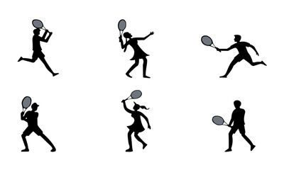 Tennis Player Silhouette, Set Isolated Over White Background – Tennis Athlete Clipart, Sports Figure Outline, Racket Sports Icon, Professional Tennis Vector