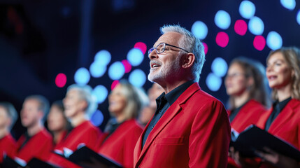 choir performance featuring man in red jacket singing joyfully among other singers