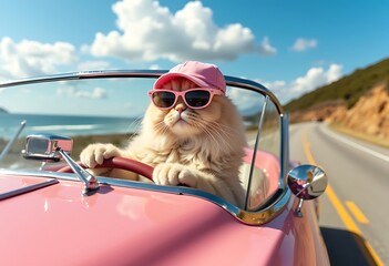 Cool Cat Driving Pink Convertible Sunglasses