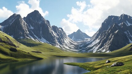 Fototapeta premium Majestic Mountain Range with Snow-Capped Peaks and a Calm Lake Surrounded by Lush Green Meadow