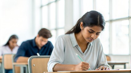 Indian Student Writing Exam – A student focused on writing an exam in a classroom, with invigilators in the background.