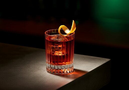Classic Negroni cocktail in cut glass with orange twist on dimly lit bar counter