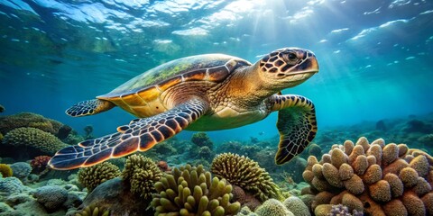 Fototapeta premium Majestic Sea Turtle Swimming Among Vibrant Coral Reef Underwater