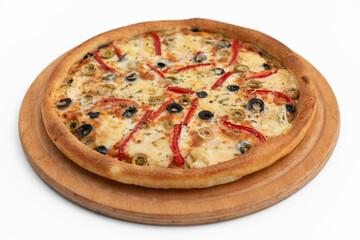 Pizza with olives and pepper on a white background, isolated