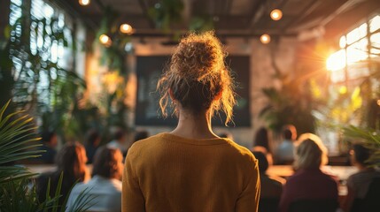 Obraz premium A woman with a bun on her head stands in front of a crowd of people. Generative AI