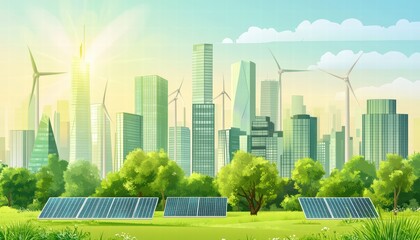 Eco-friendly city concept, green skyscrapers, wind turbines, and solar panels, modern vector style