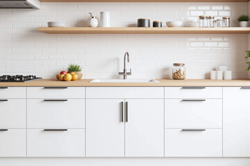 modern kitchen with white brick wall and light wood counter