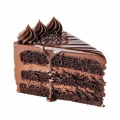 Indulge in a decadent slice of moist chocolate cake, layered with rich chocolate frosting and topped with ganache dripping down the sides, garnished with chocolate shavings