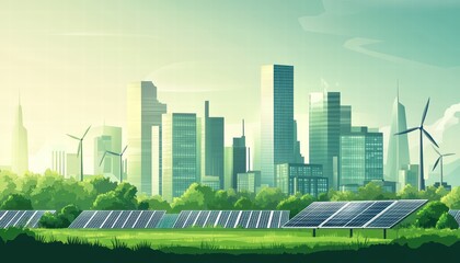 Eco-friendly city concept, green skyscrapers, wind turbines, and solar panels, modern vector style