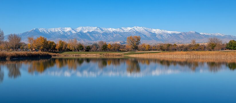 Autumn lake reflecting snowy mountains, park background; scenic calendar