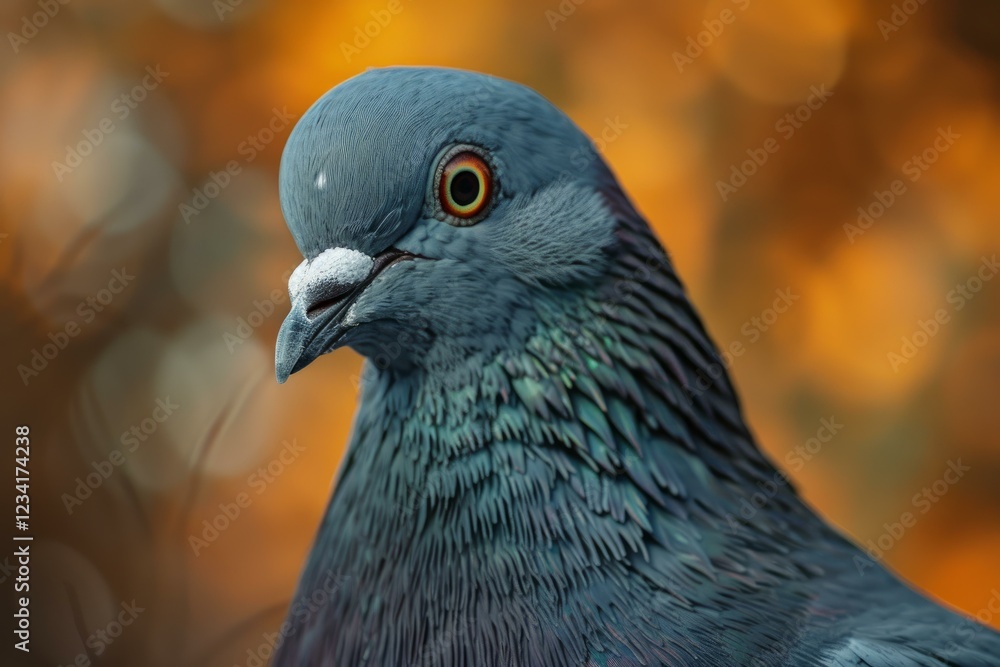 Poster close up of a pigeon displaying iridescent feathers with a blurred orange backdrop