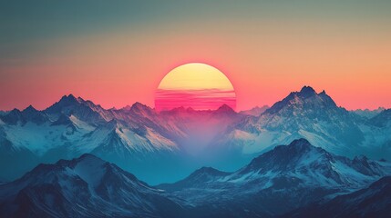 Pink sunset over snowy mountain range, vibrant sky, scenic wallpaper