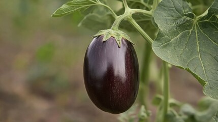 Ripe eggplant growing on a plant in a garden.