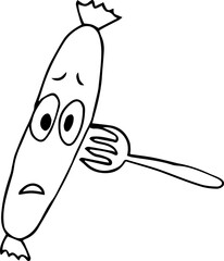 scared sausage with eyes looking at camera next to fork