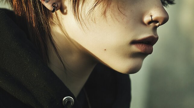Teen girl, profile, piercings, outdoors, sunlight, pensive, portrait,  youth, fashion, editorial