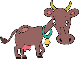 Surprised brown cow with spots on her rump and a bell on her neck looks at the camera