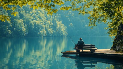 Man fishing tranquil lake, serene forest background, peaceful retirement